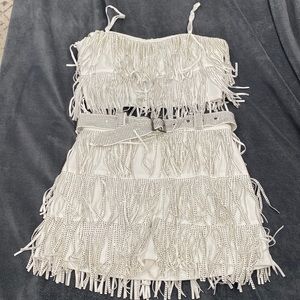 Full rhinestone fringe white two piece outfit
